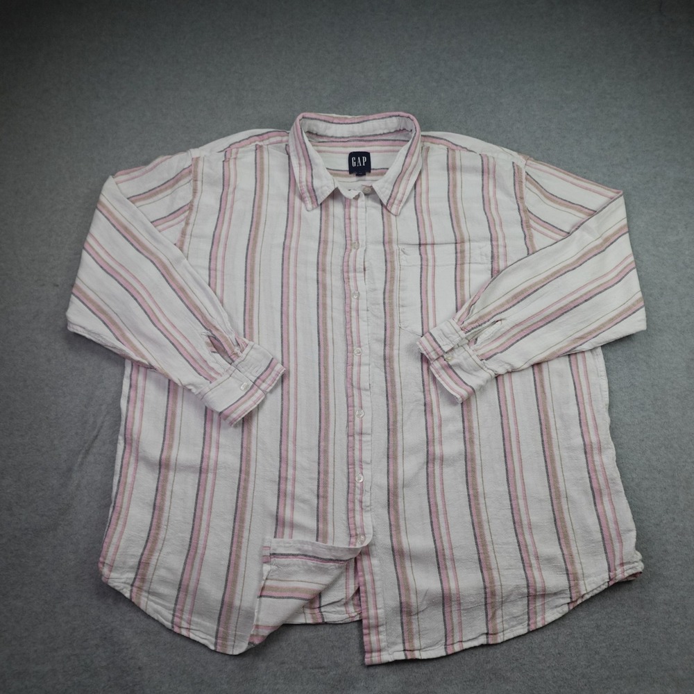 GAP Shirt Womens XXL White Pink Striped Button Front Long Sleeve Linen Blend
